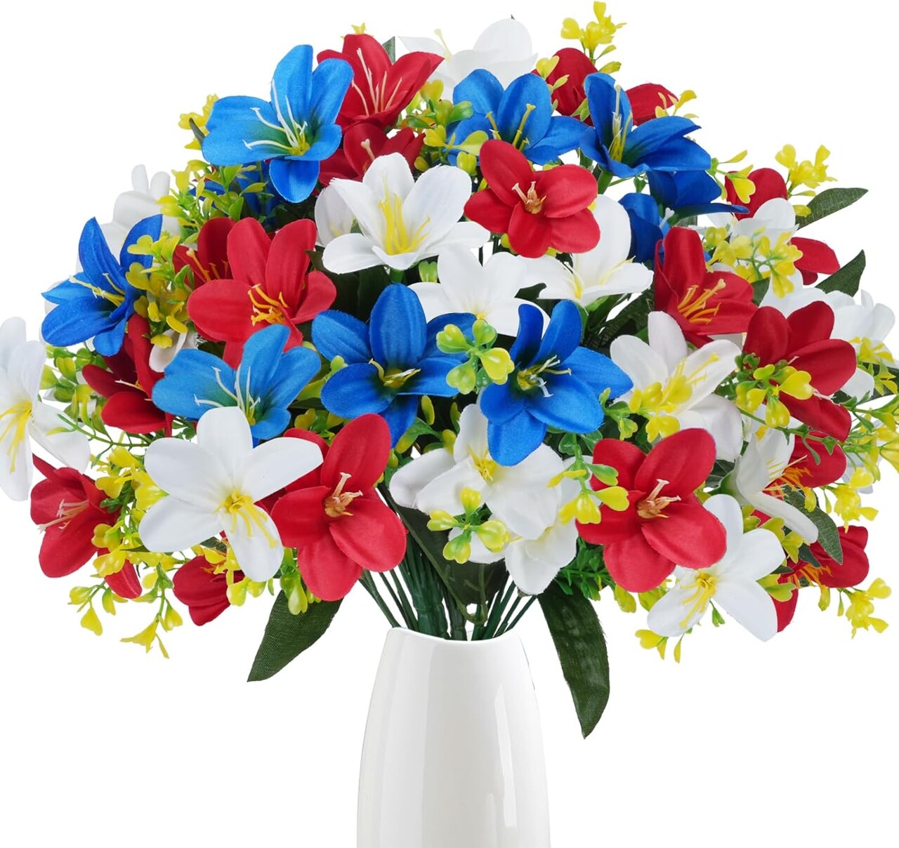 Patriotic Artificial Flowers – 6 Bundles Red, White & Blue Silk Lily Bouquets for Memorial Day, Home, Porch, Cemetery & Outdoor Decoration